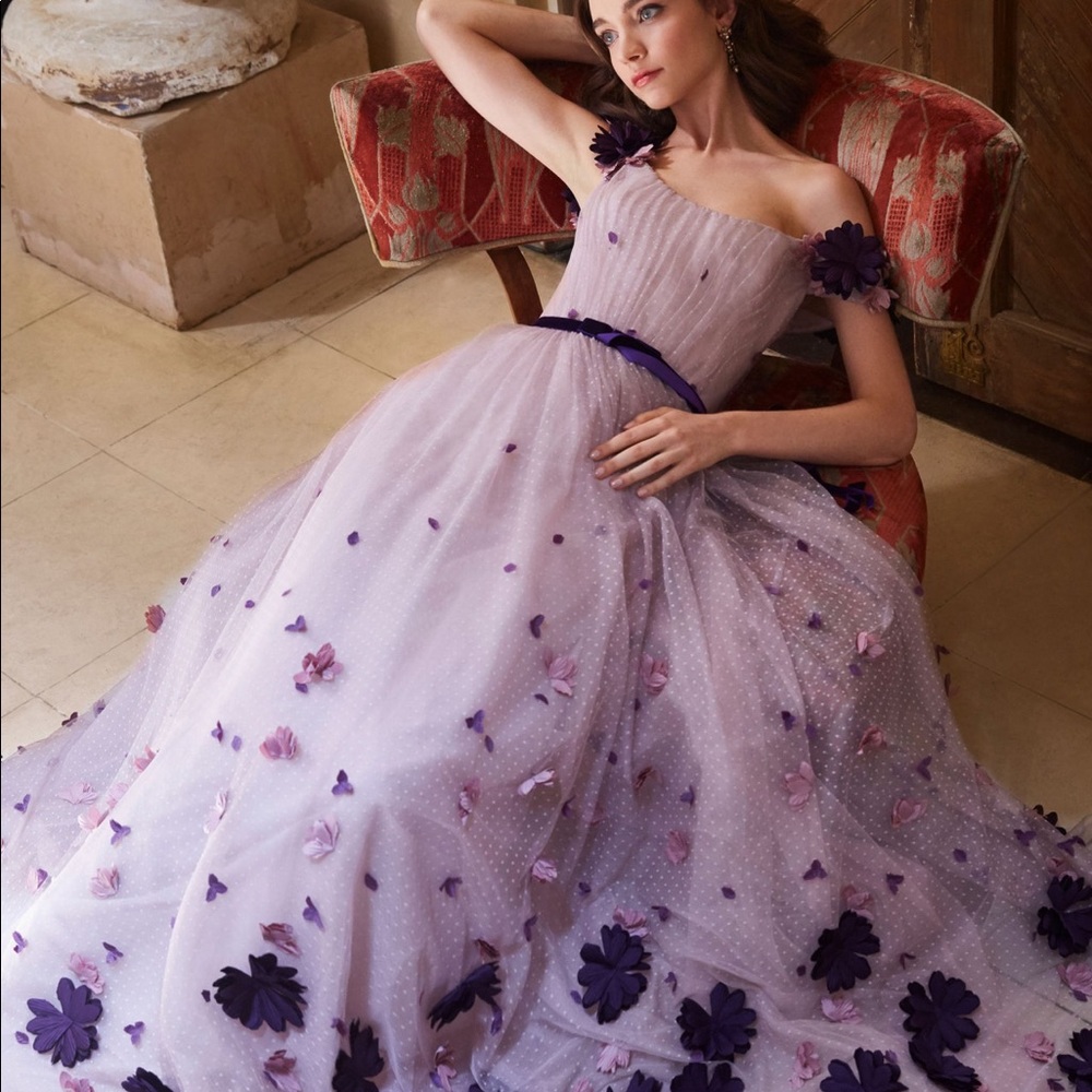 Marchesa Notte Off-Shoulder 3D Floral Lilac Gown 8